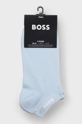 Lot de cinq paires de chaussettes basses en coton m&eacute;lang&eacute; avec logo, Blanc / Bleu