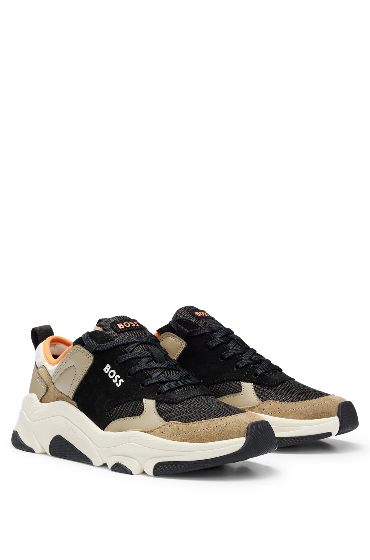 Mixed-material trainers with leather trims, Beige