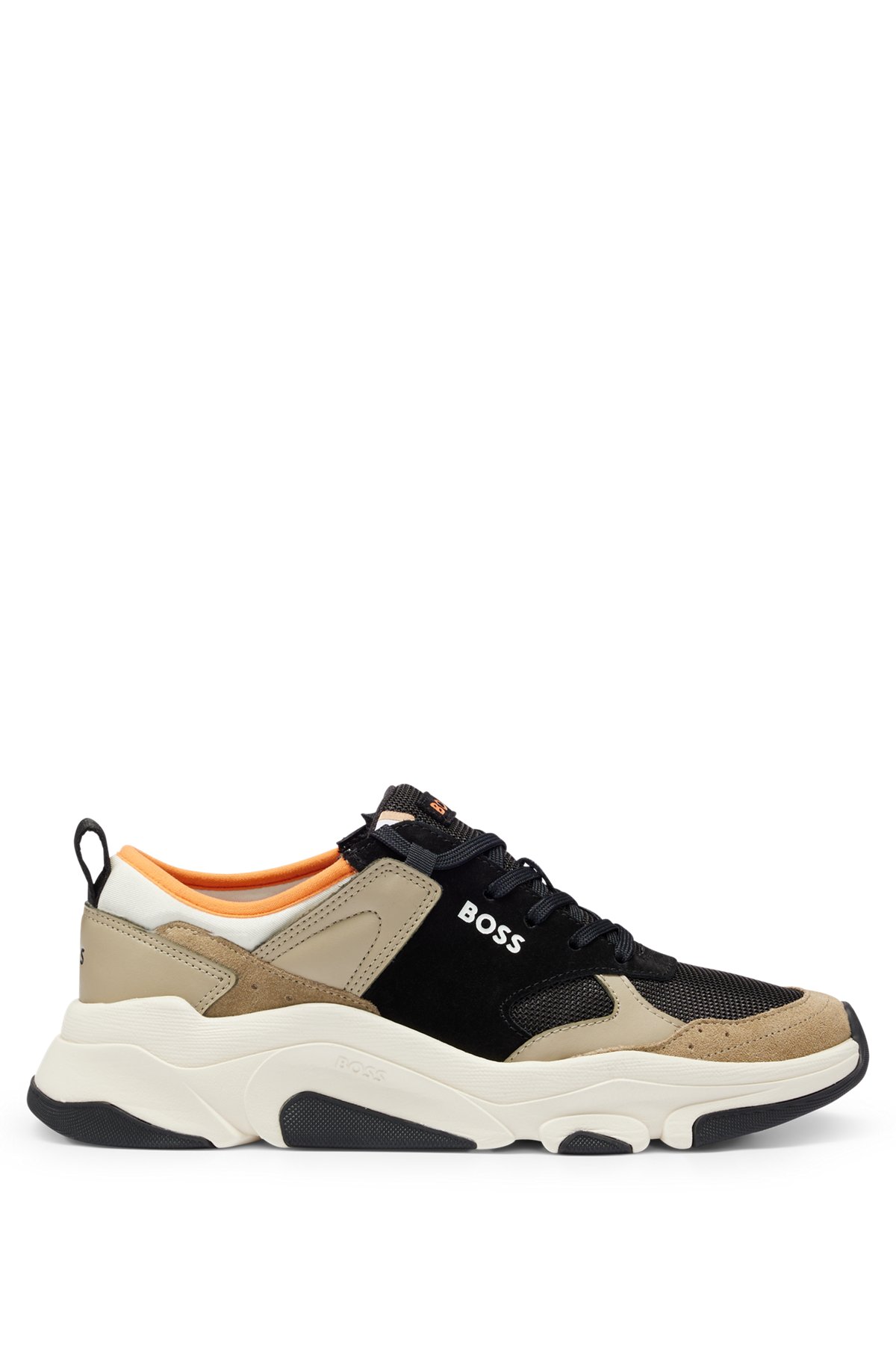 Mixed-material trainers with leather trims, Beige