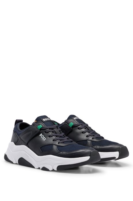 Leather and mesh trainers with logo details, Dark Blue