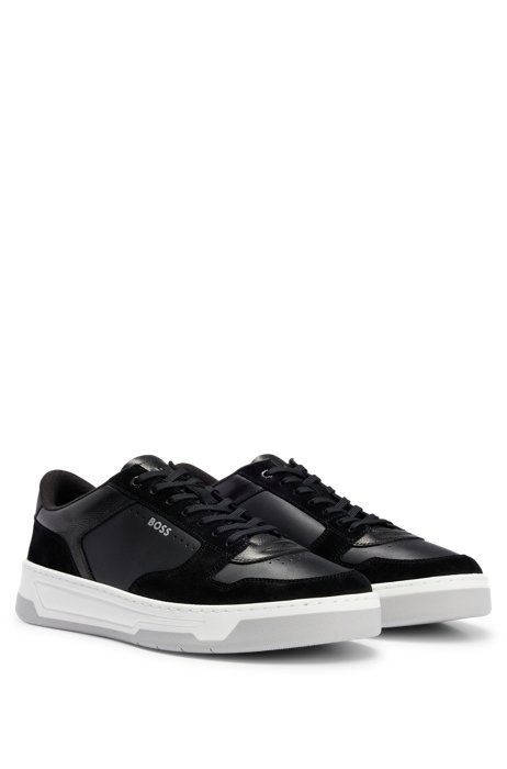 Mixed-leather trainers with logo details, Black