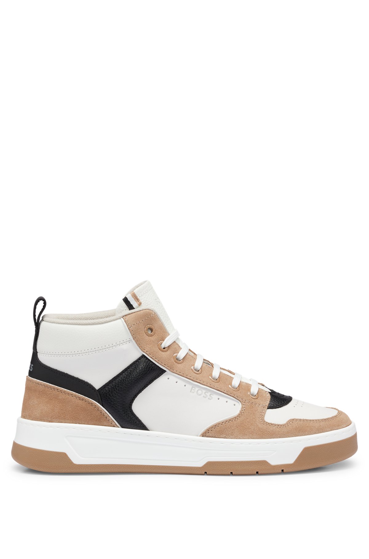 High-top trainers in leather with logo details, Light Brown