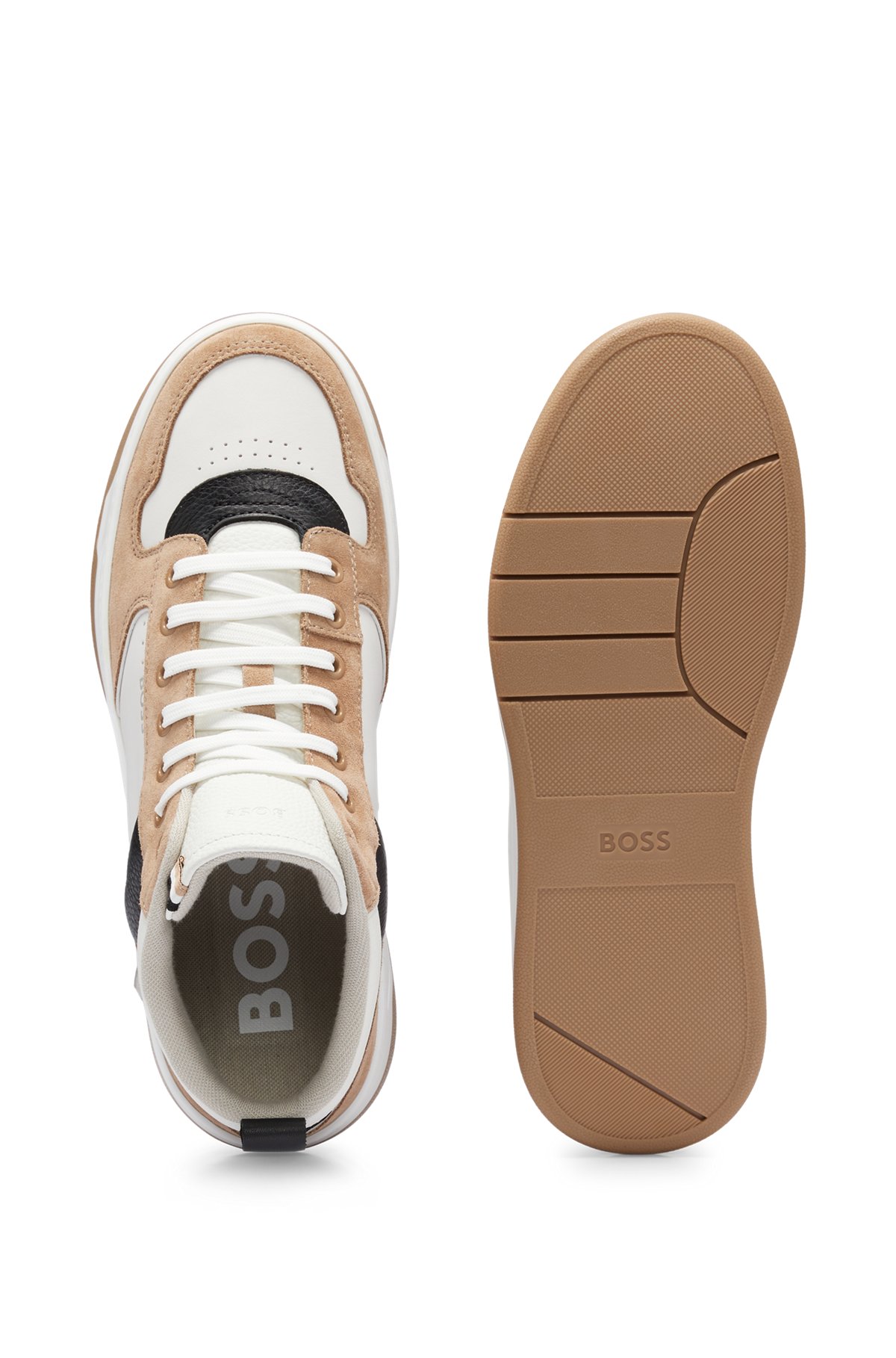 High-top trainers in leather with logo details, Light Brown