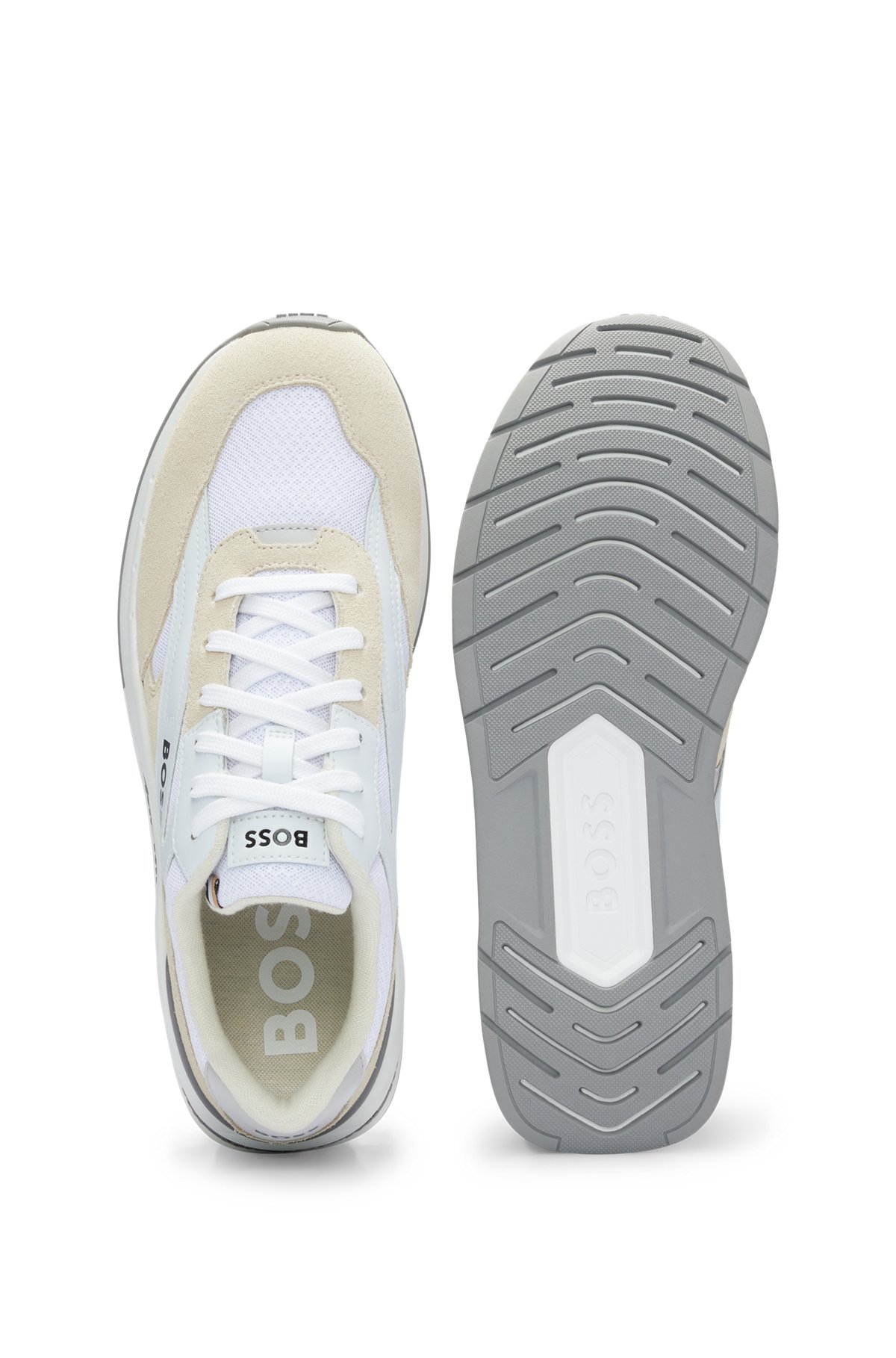 Mixed-material lace-up trainers with suede trims, White