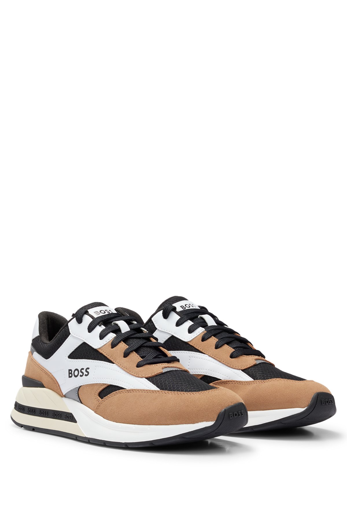 Mixed-material lace-up trainers with suede trims, Light Brown