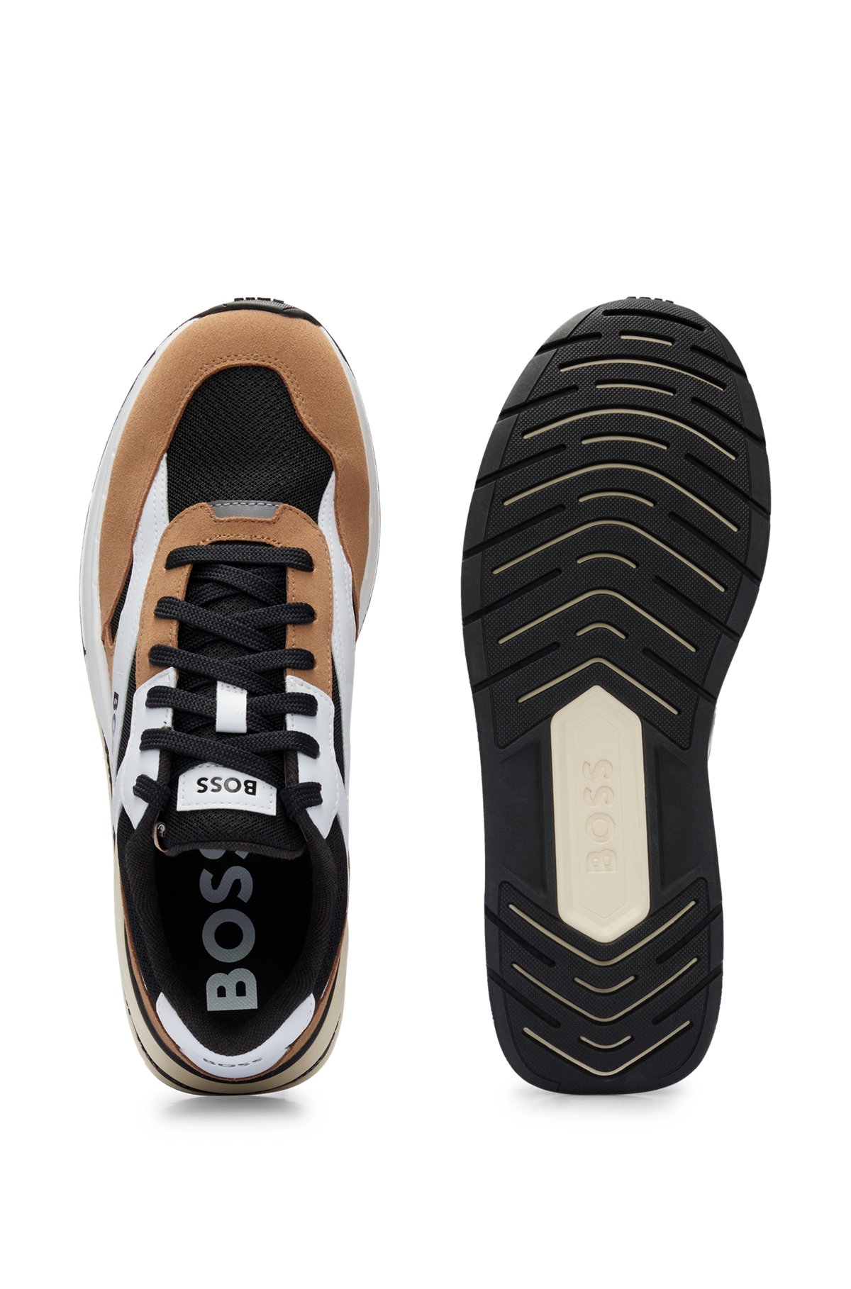 Mixed-material lace-up trainers with suede trims, Light Brown