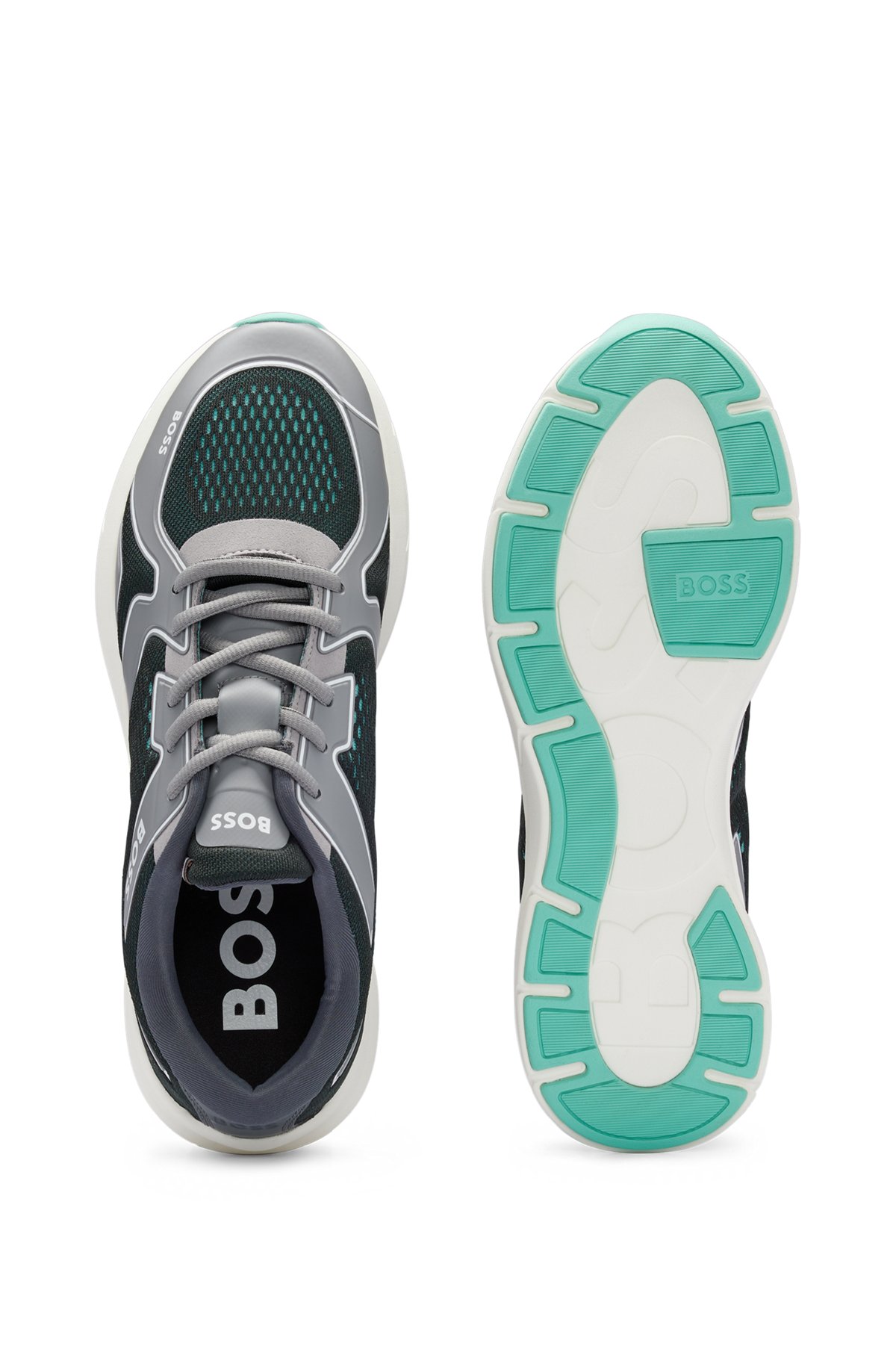 Sneakers in materiali misti con mesh e logo, Grigio chiaro