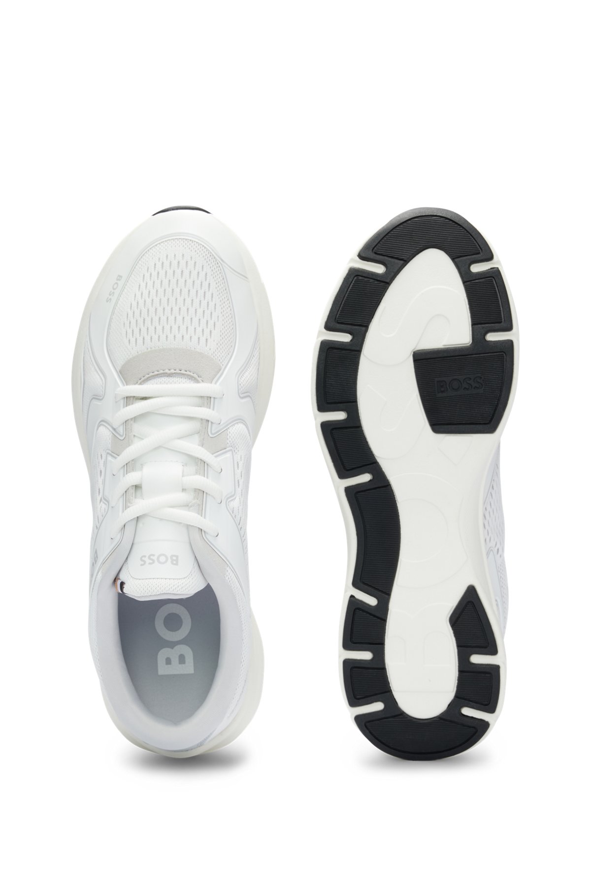 Sneakers aus verschiedenen Materialien mit Mesh und Logos, Weiß