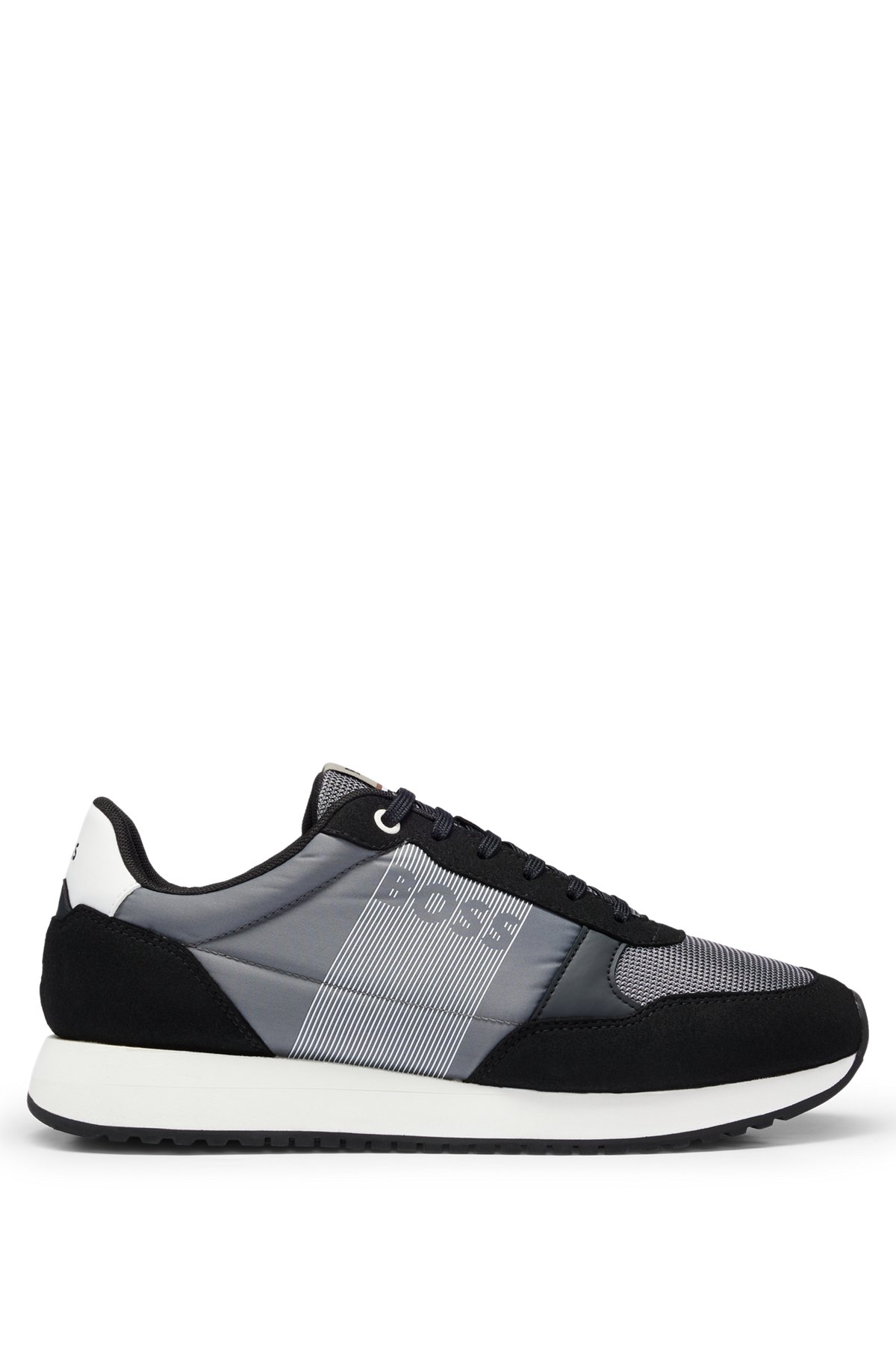 Mixed-material lace-up trainers with branded details, Light Grey