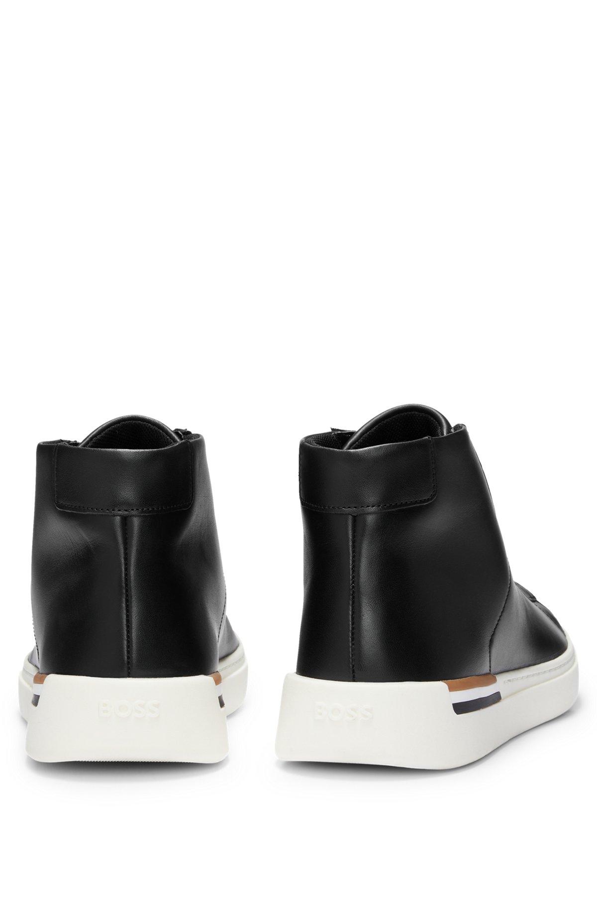 High-top trainers in smooth leather with signature stripe, Black