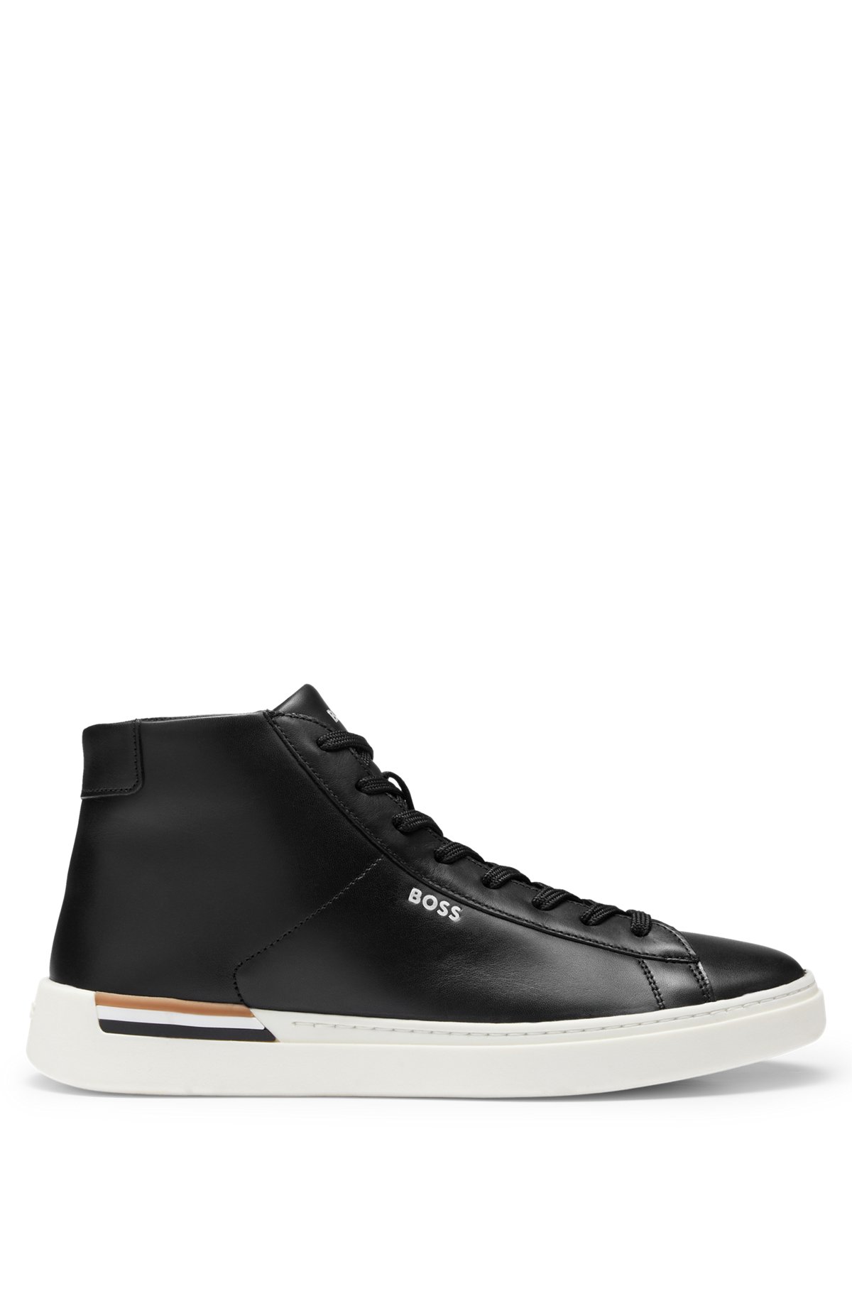 High-top trainers in smooth leather with signature stripe, Black