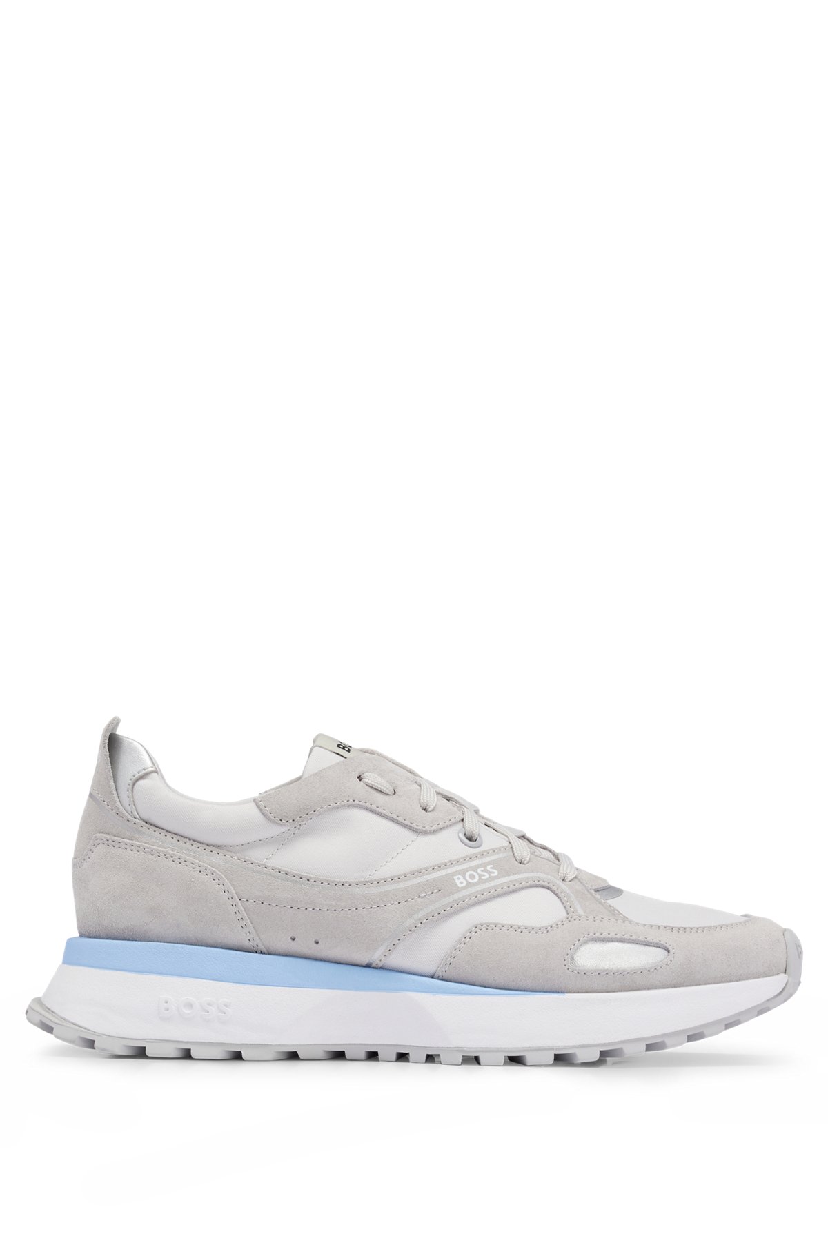Mixed-material trainers with suede trims, Light Grey