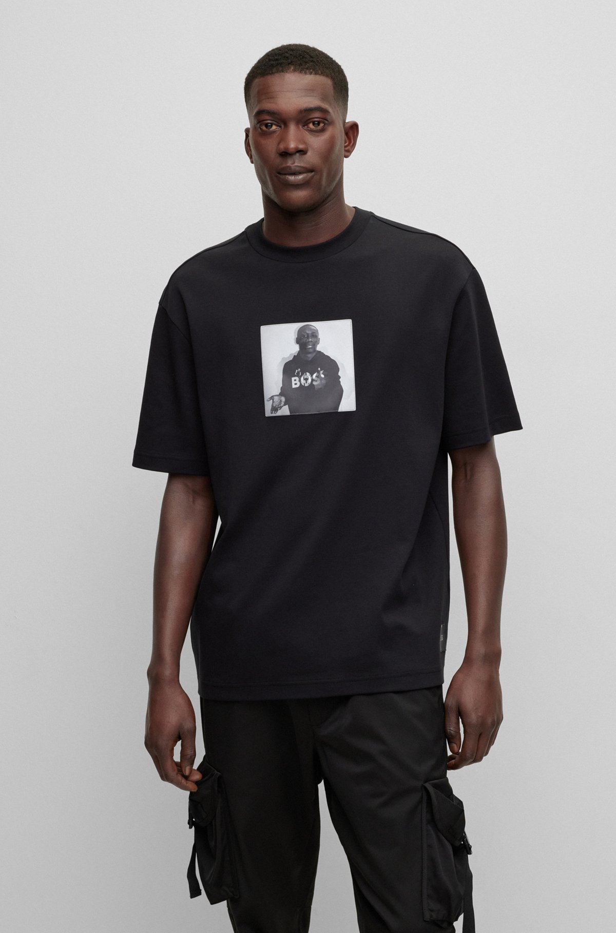 BOSS x Khaby Oversized-fit T-shirt in cotton with lenticular artwork, Black
