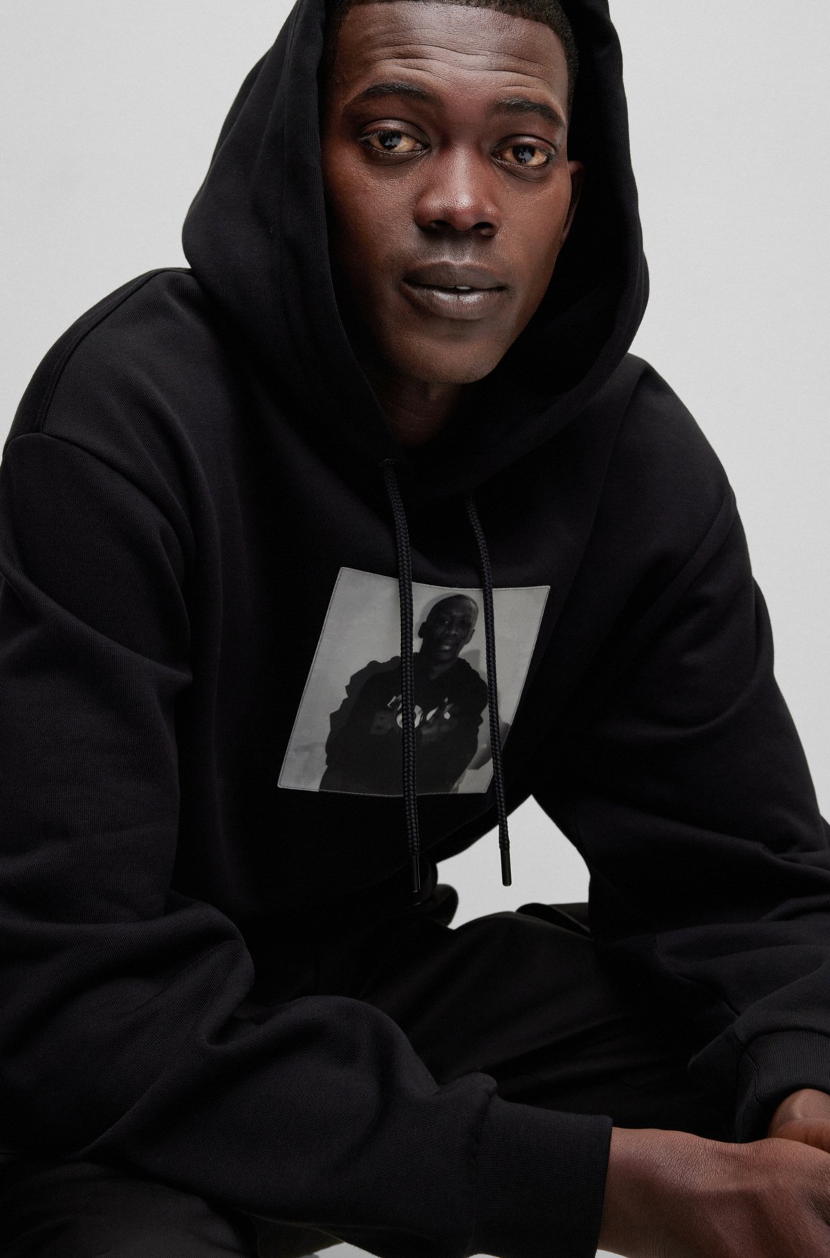 BOSS x Khaby Relaxed-fit cotton-blend hoodie with lenticular artwork, Black