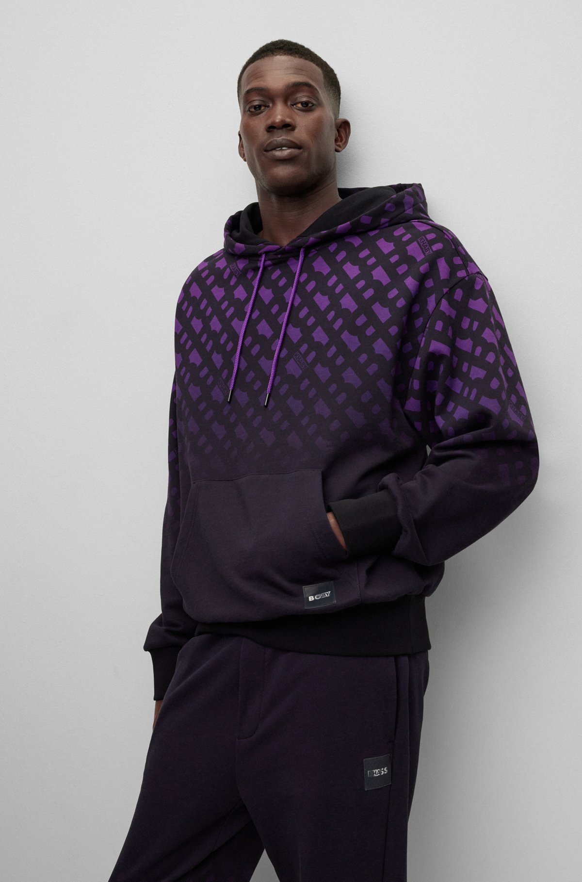 BOSS x Khaby Relaxed-fit cotton-blend hoodie with gradient monograms, Dark Purple
