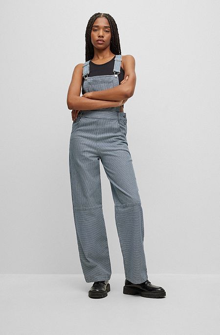 Relaxed-fit dungarees in striped stretch cotton, Blue
