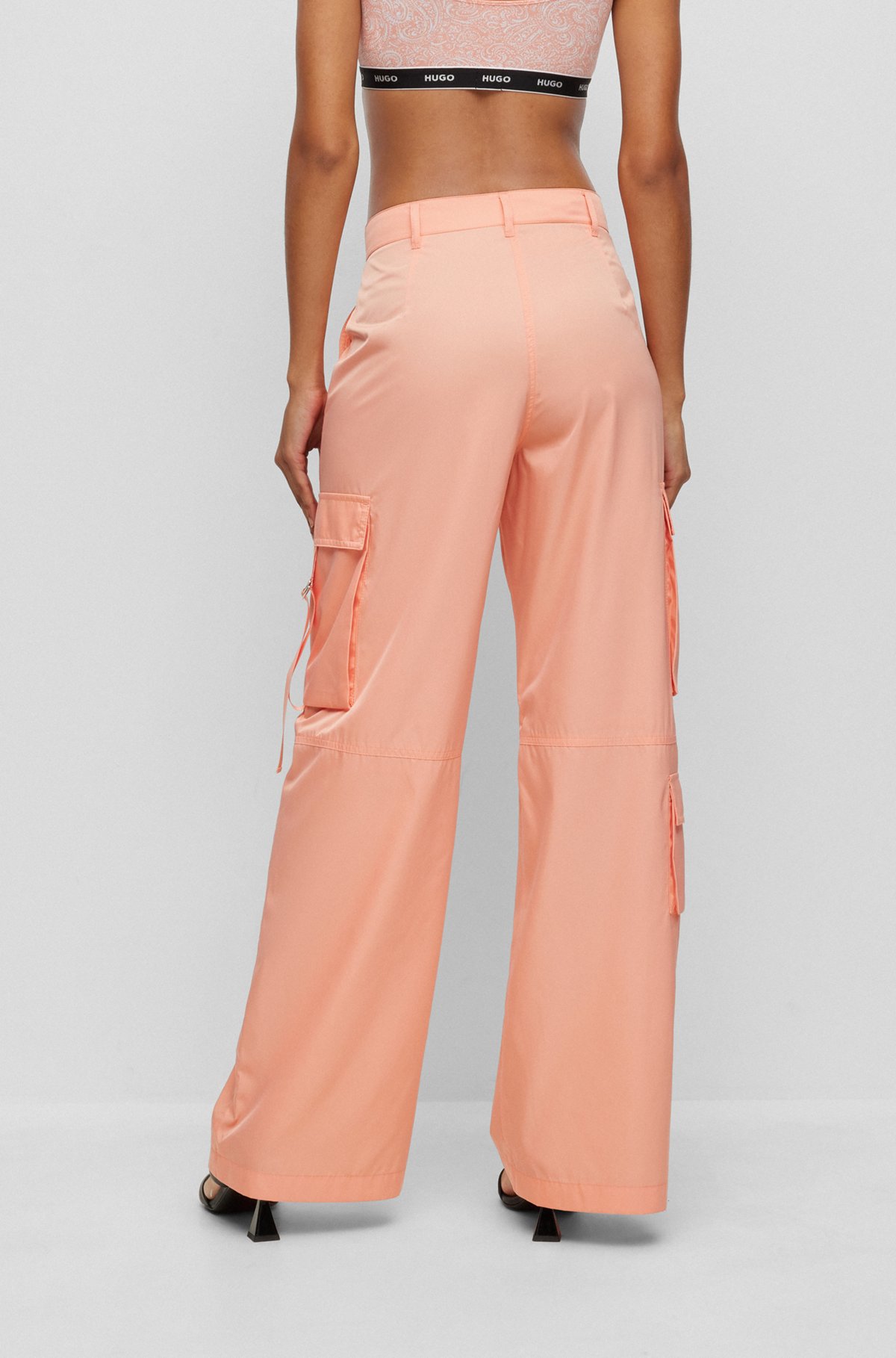 Relaxed-fit cargo trousers in water-repellent satin, Light Orange