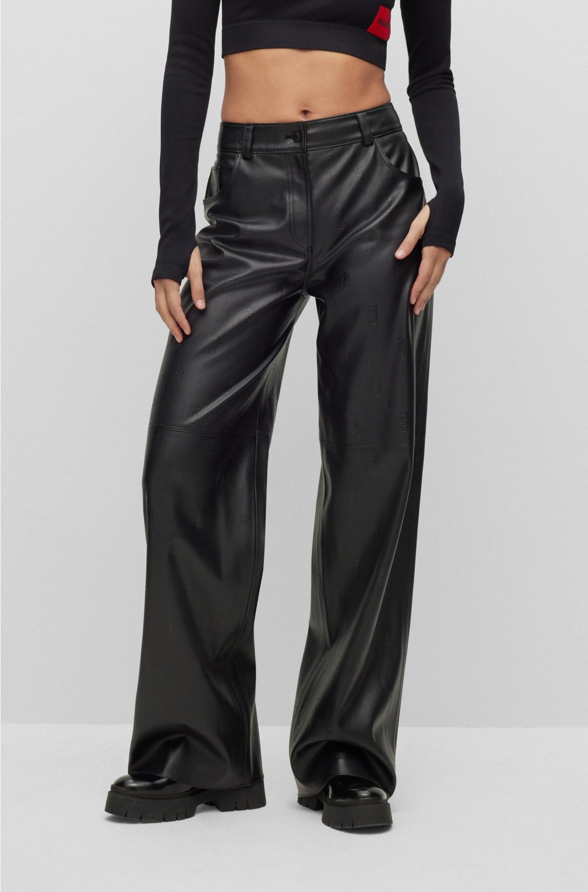 HUGO - relaxed-fit Logo-embossed faux leather trousers in