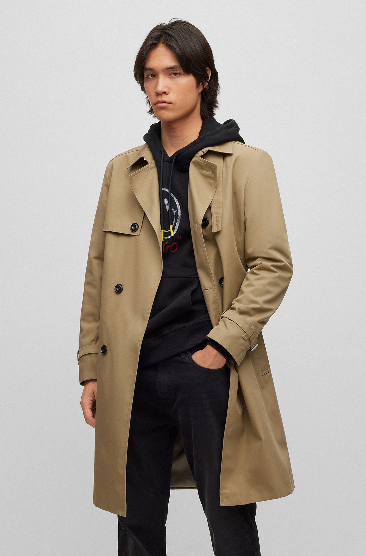 Water-repellent trench coat with belted closure, Light Brown