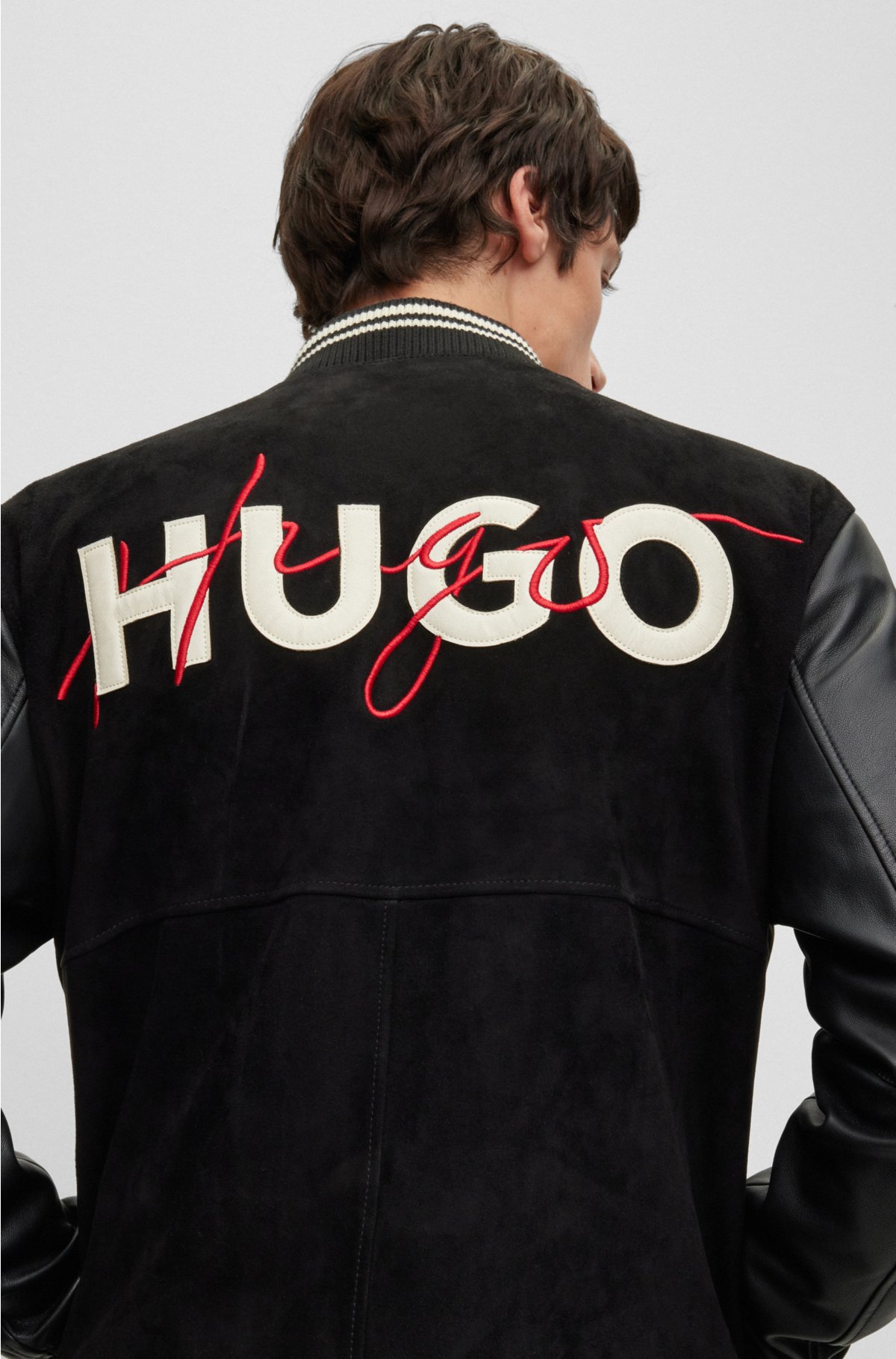 HUGO - スエード カレッジスタイル ボンバージャケット レザースリーブ