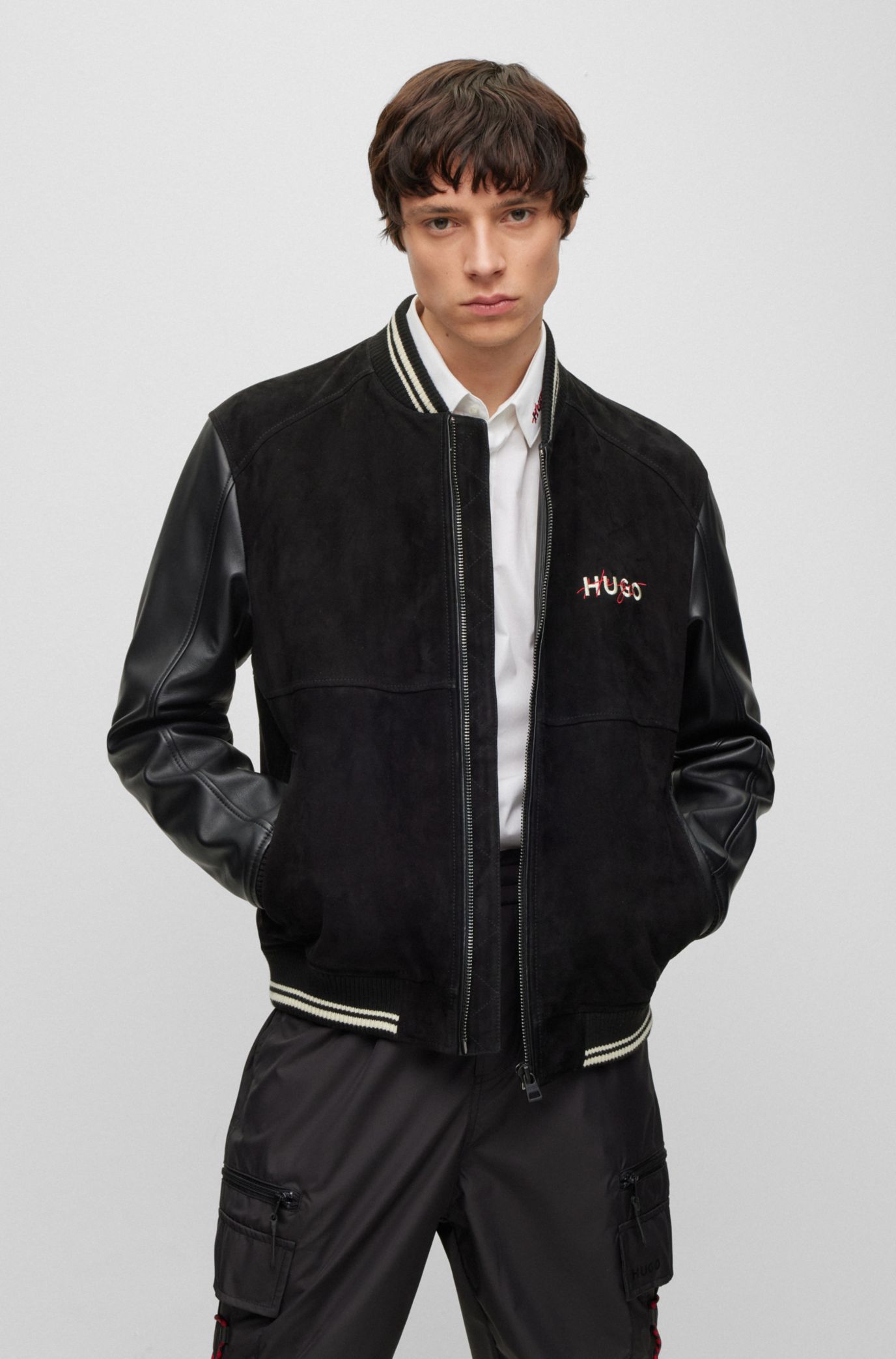 Mens leather outlet varsity bomber jacket