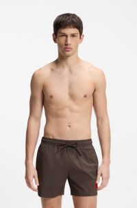 Quick-dry swim shorts with logo label, Dark Brown