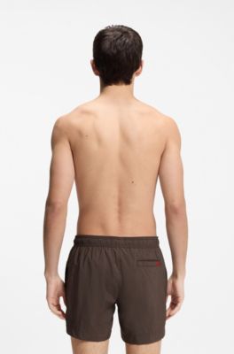 Quick-drying swim shorts with red logo label, Dark Brown