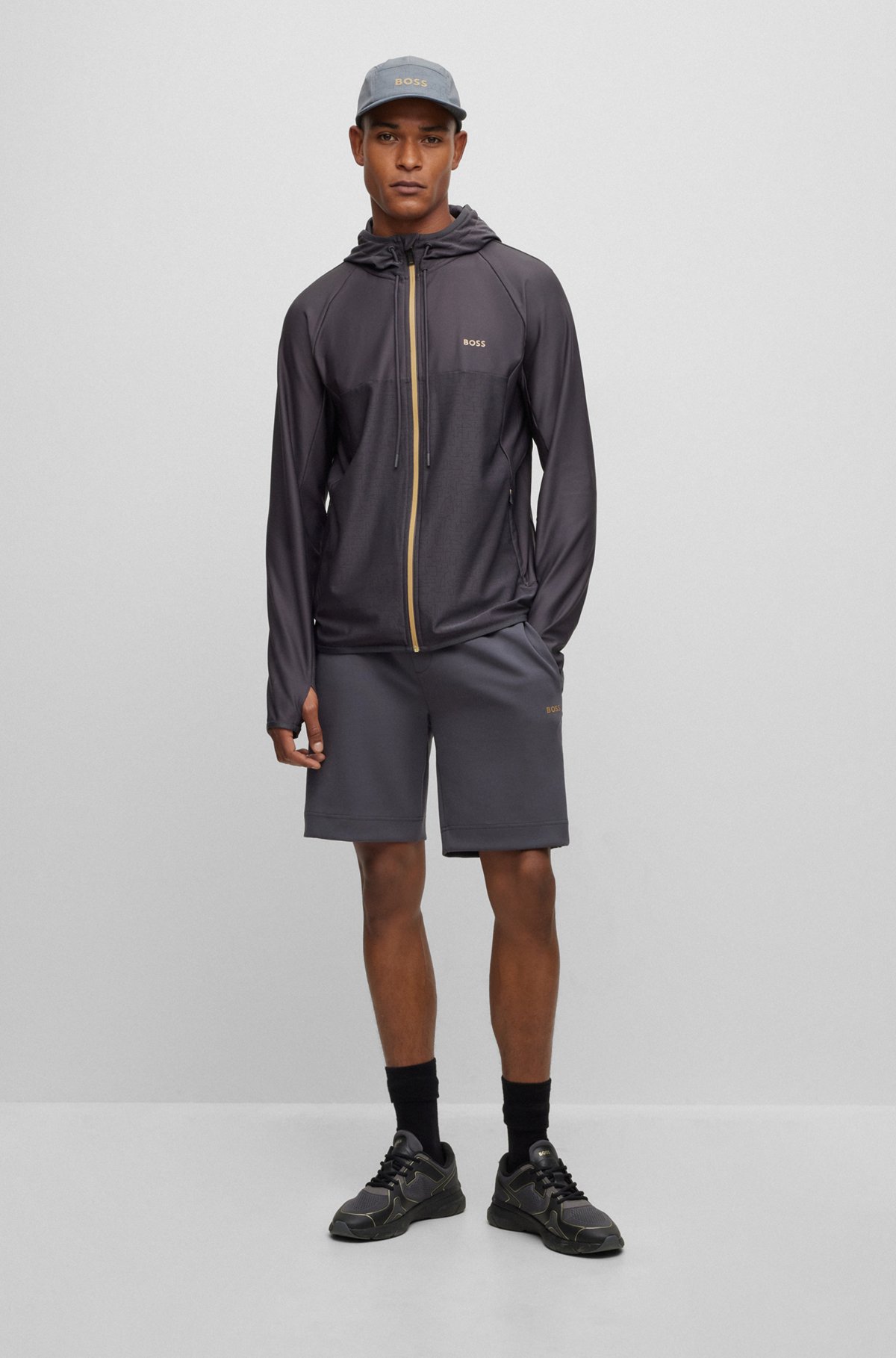 Active-stretch zip-up hoodie with decorative reflective pattern, Dark Grey