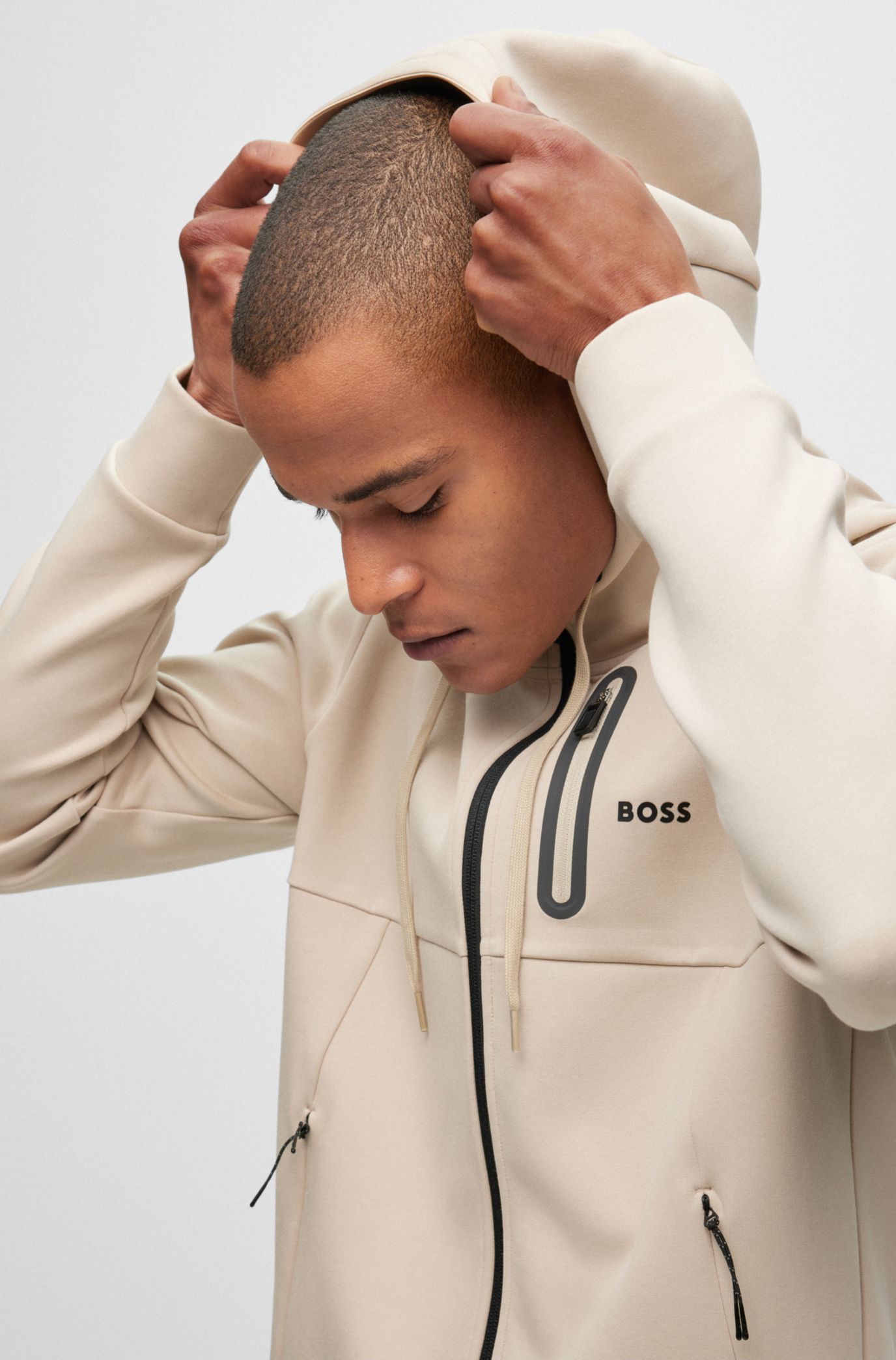 BOSS - Cotton-blend zip-up hoodie with advanced stretch