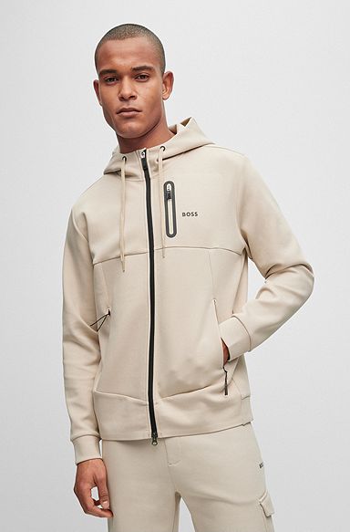 Cotton-blend zip-up hoodie with advanced stretch, Light Beige