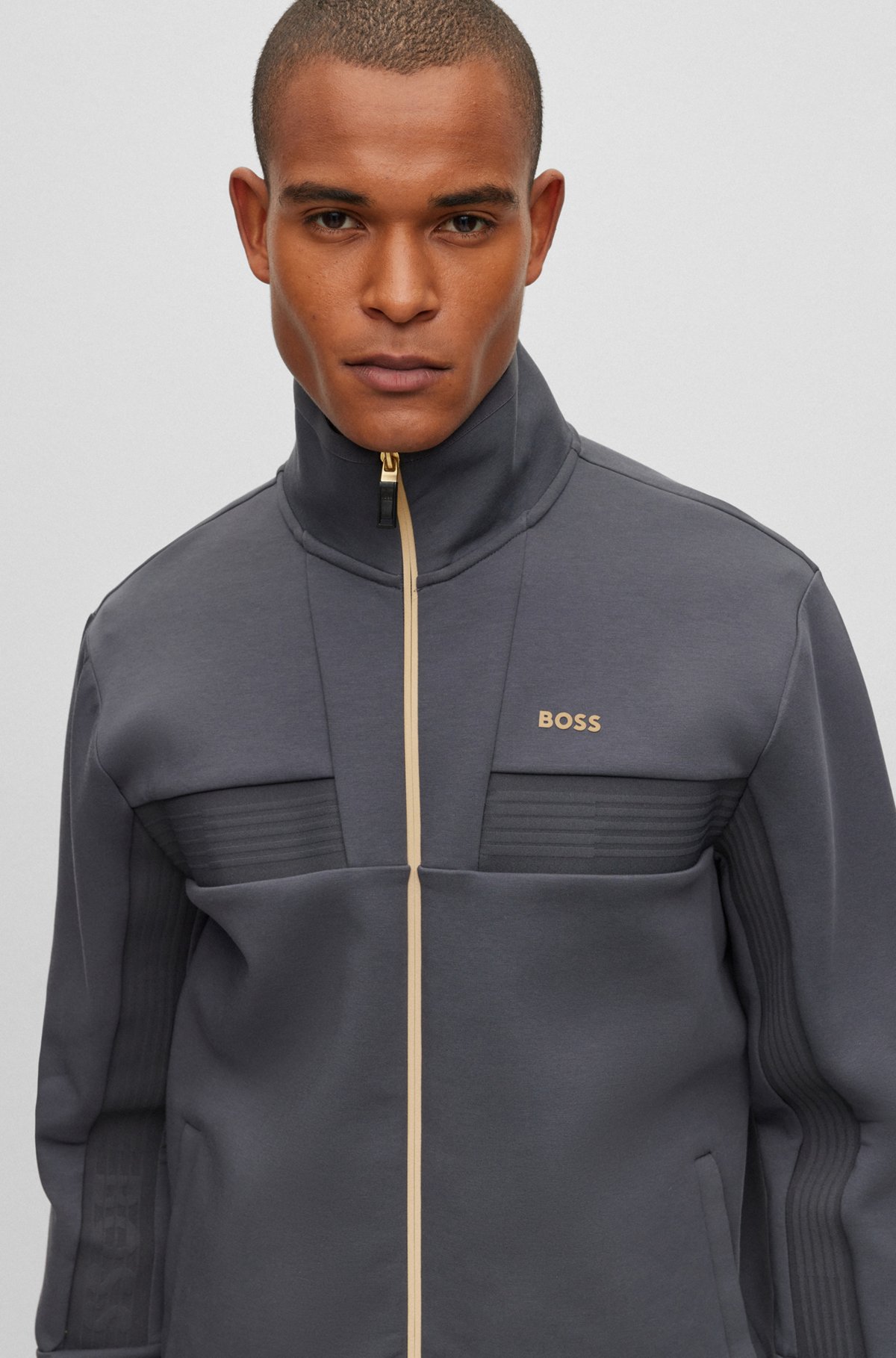 BOSS - Cotton-blend zip-up sweatshirt with tape trims