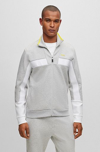 Cotton-blend zip-up sweatshirt with tape trims, Light Grey