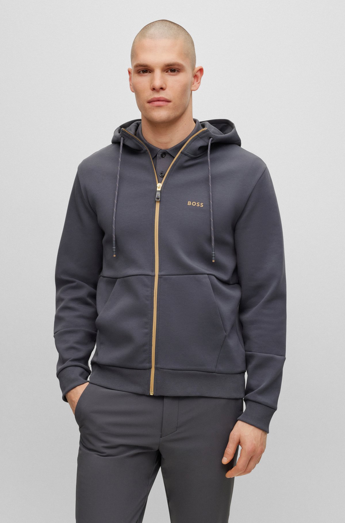 Cotton-blend zip-up hoodie with embroidered logo, Dark Grey