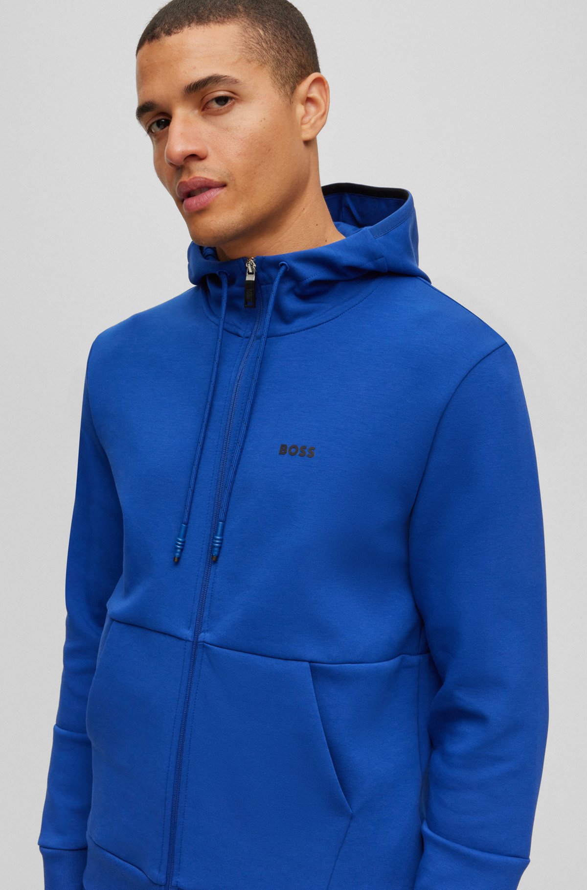 Cotton-blend zip-up hoodie with embroidered logo, Blue