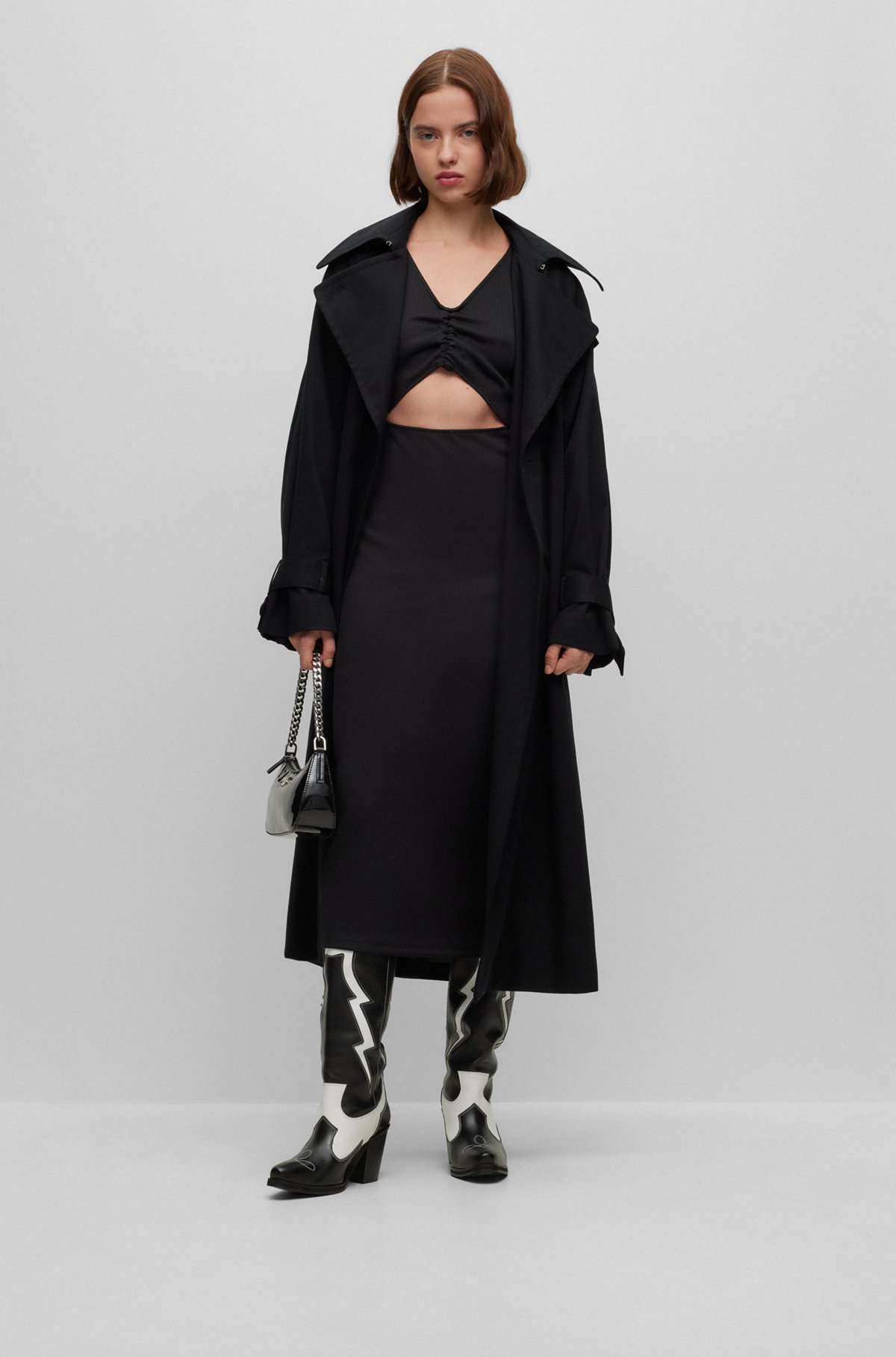 Double-breasted trench coat in stretch cotton, Black