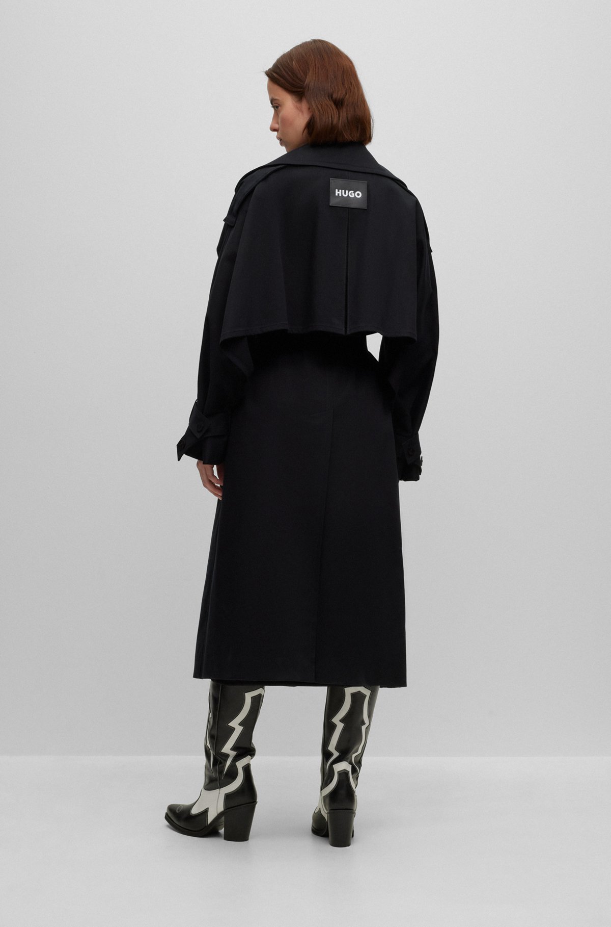 Double-breasted trench coat in stretch cotton, Black