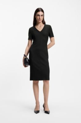 Vestito con scollo a V in tessuto elasticizzato, Nero