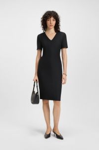 Robe en tissu stretch à col V, Noir