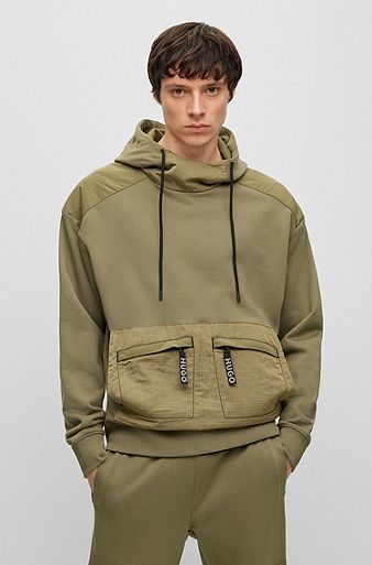 Relaxed-fit hoodie with ribbed cuffs in mixed materials, Khaki