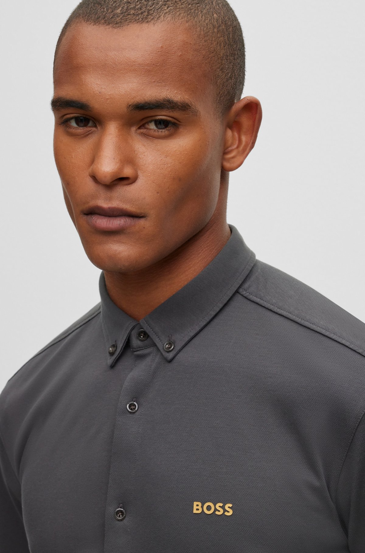 Button-down regular-fit shirt in pure-cotton jersey, Dark Grey