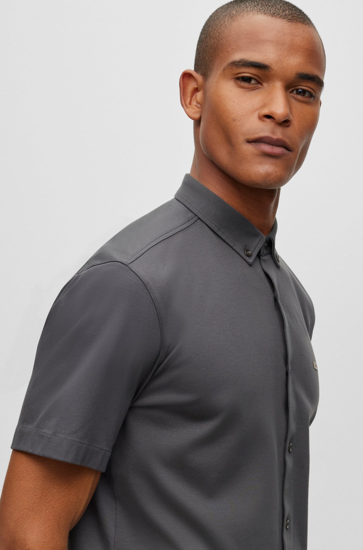 Regular-fit buttondownoverhemd in jersey van zuivere katoen, Donkergrijs