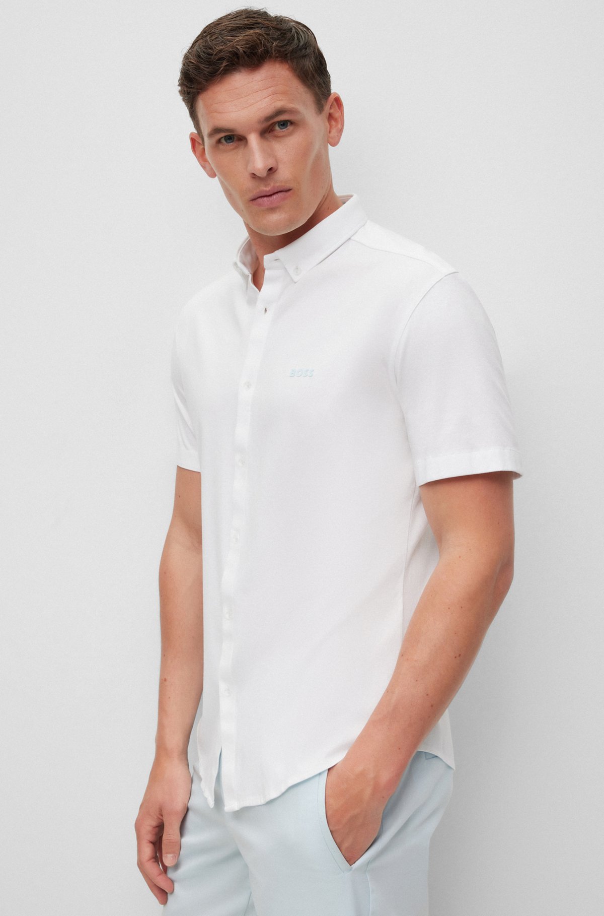Camisa regular fit con botones en punto de algodón puro, Blanco