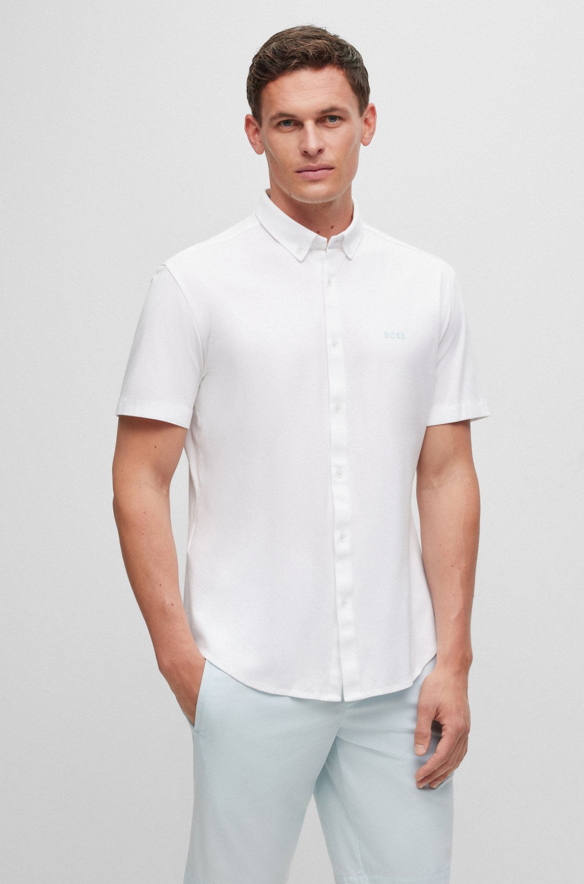 Regular-Fit Hemd aus reinem Baumwoll-Jersey mit Button-Down-Kragen, Weiß
