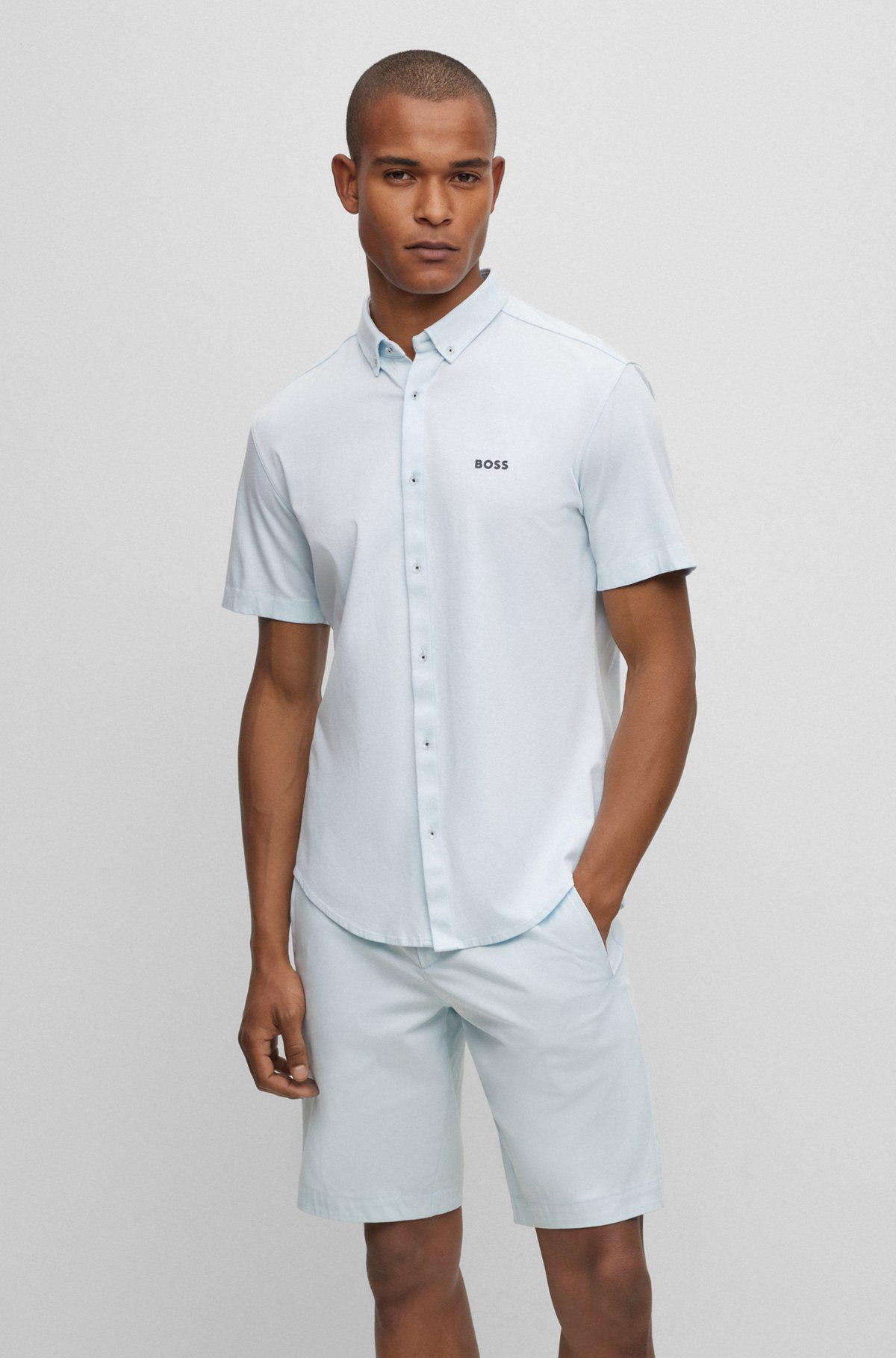 Regular-Fit Hemd aus reinem Baumwoll-Jersey mit Button-Down-Kragen, Hellblau