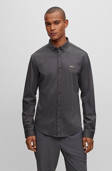 Button-down regular-fit shirt in cotton piqué jersey, Dark Grey