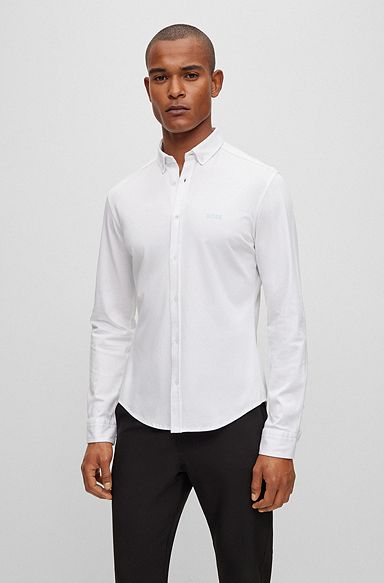 Camicia regular fit con colletto button down in jersey di piqué di cotone, Bianco