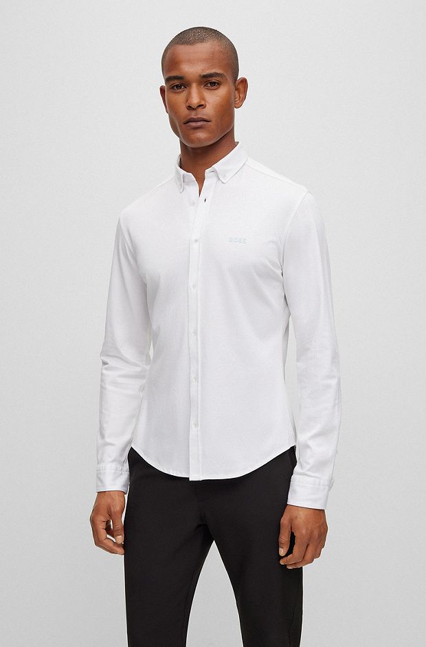 Camicia regular fit con colletto button down in jersey di piqué di cotone, Bianco