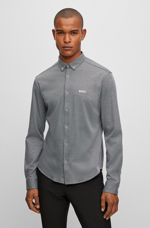 Camicia regular fit con colletto button down in jersey di piqué di cotone, Grigio scuro