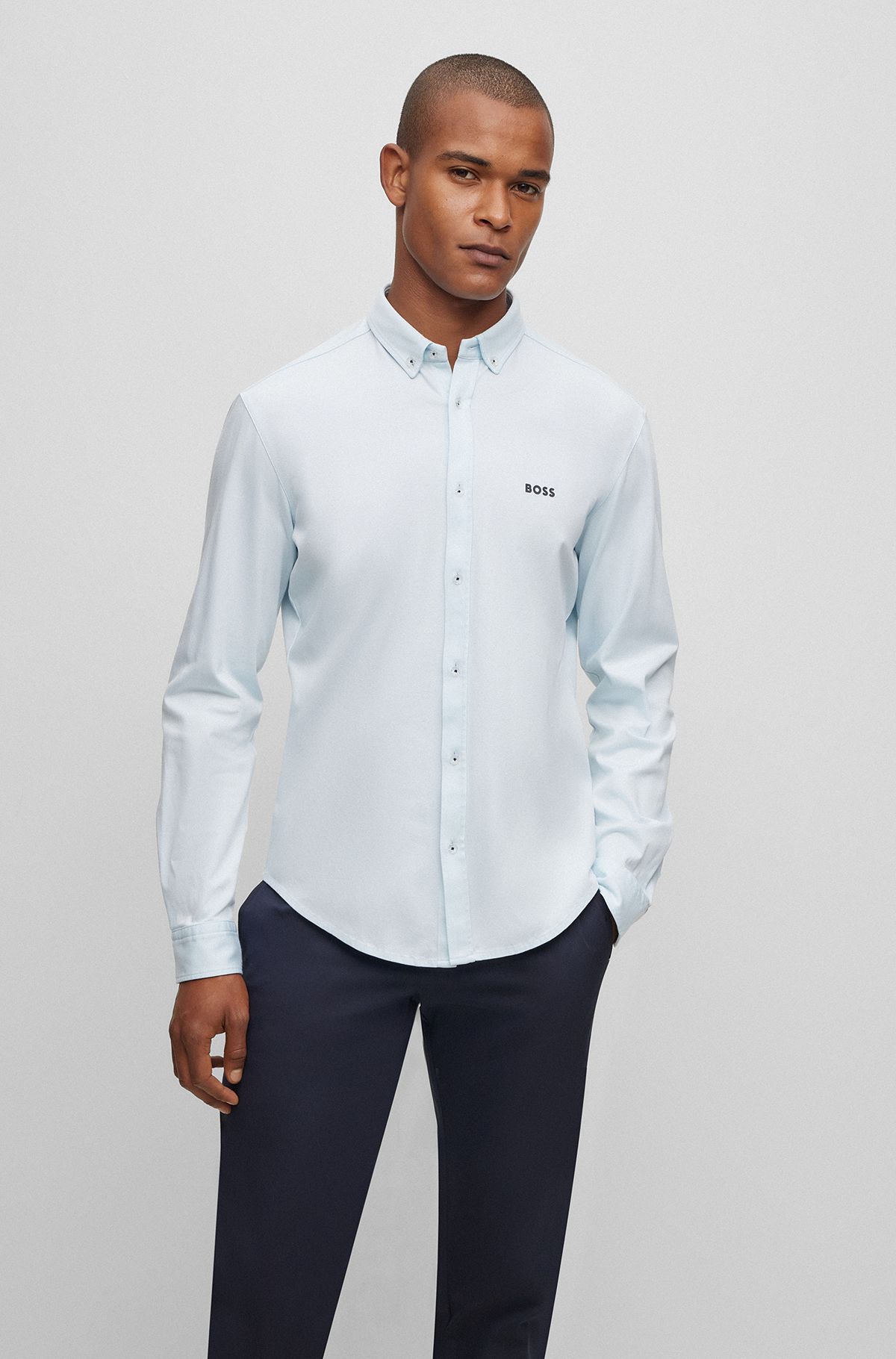 Camisa de ajuste regular com botões em jersey de algodão, Azul-claro