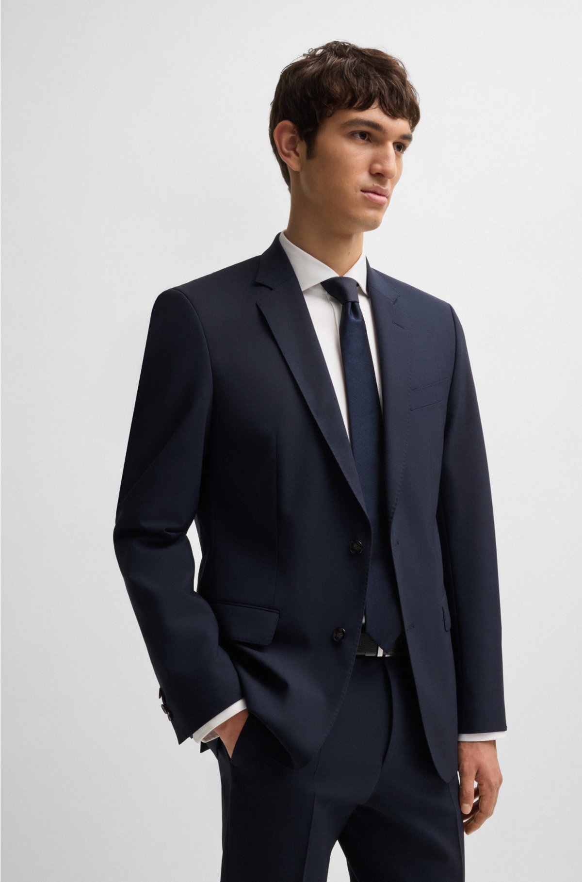 Slim-fit suit in stretch virgin wool, Dark Blue